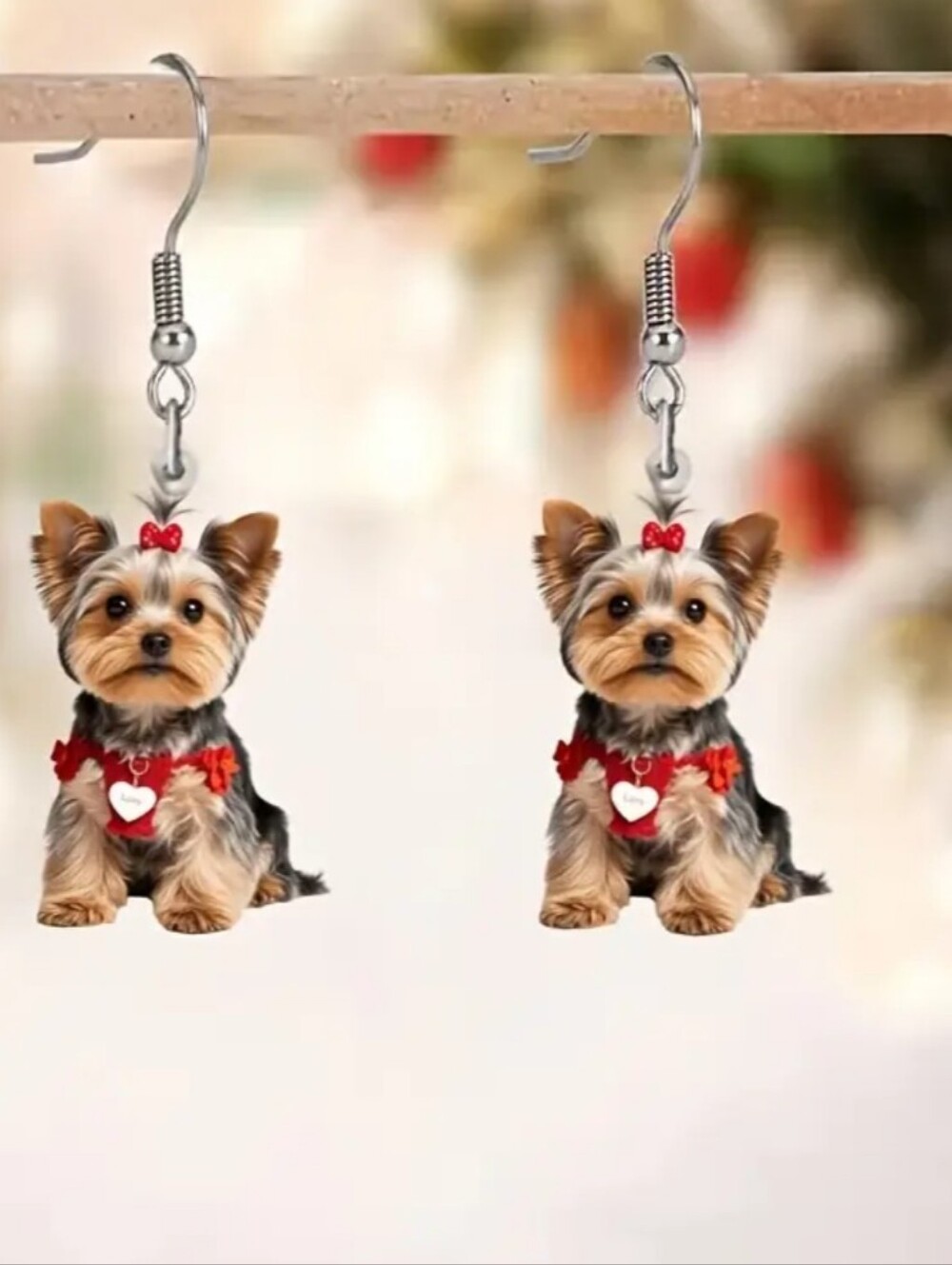 Hand Crafted 2D Flat Yorkie Dog Dangle Earrings in Red Accents